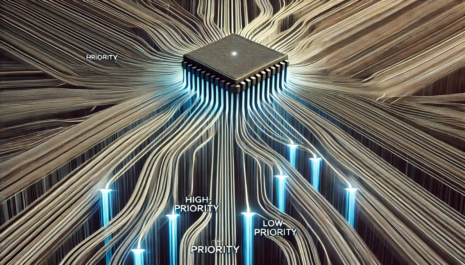 A conceptual visualization of thread priority in computing, showing multiple flowing lines representing threads approaching a central processor. High-priority threads reach the CPU first, while low-priority threads wait behind, depicting scheduling dynamics.