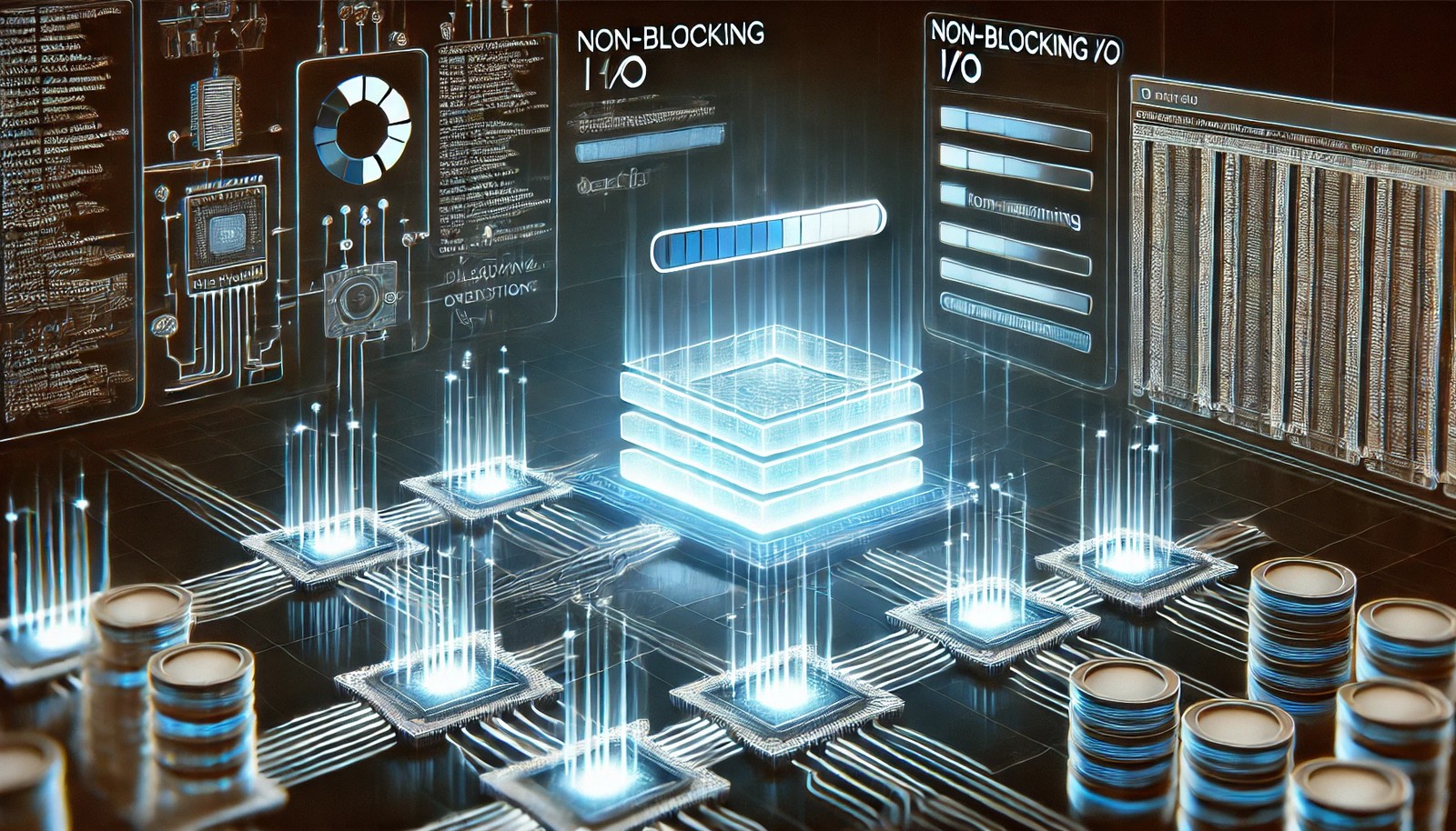 A futuristic digital illustration of Non-Blocking I/O, showing a computer processing multiple tasks while a loading bar progresses in the background. Glowing data streams and interconnected circuits represent asynchronous execution and multitasking efficiency.
