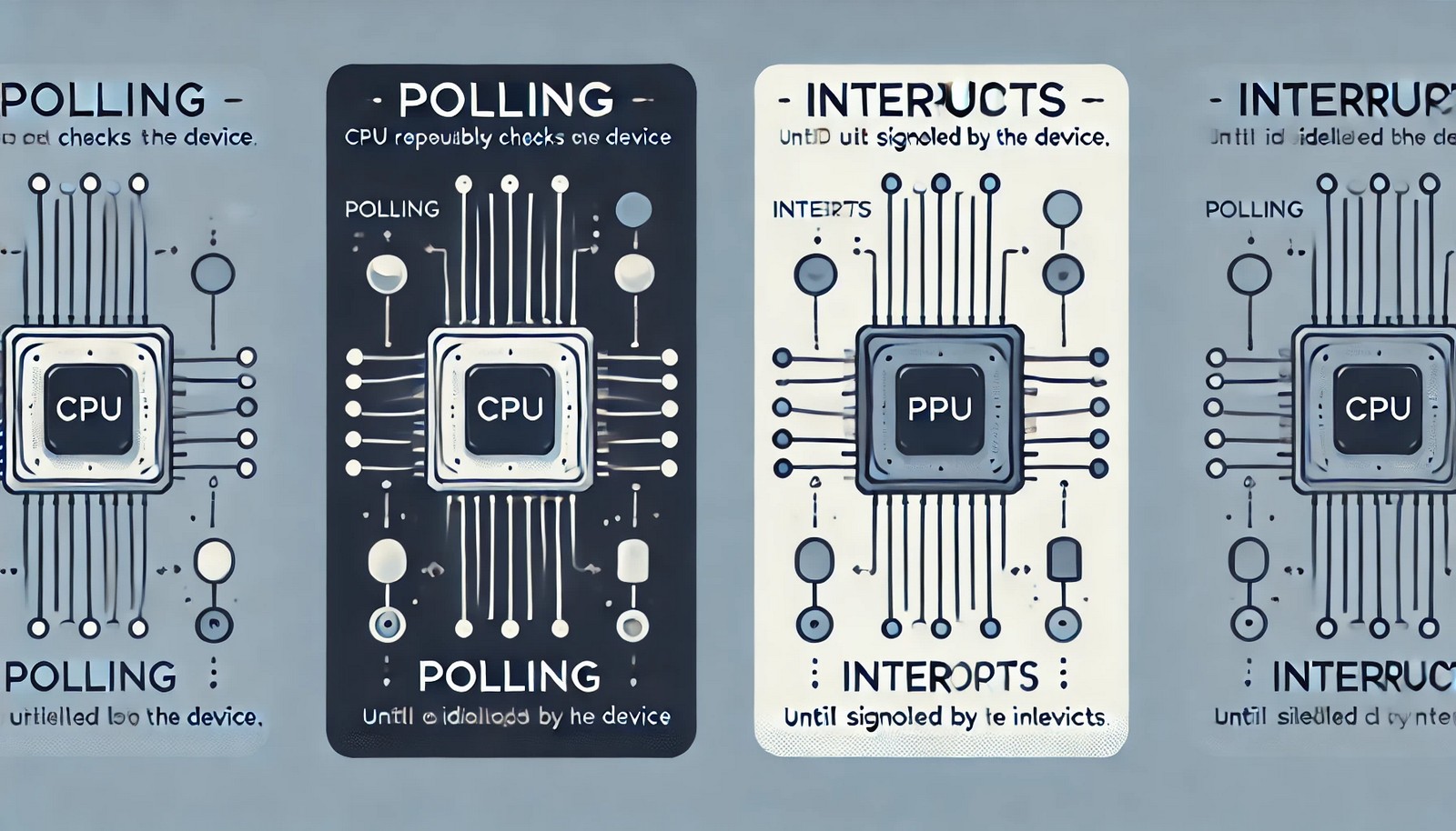 A minimalistic illustration showing the difference between polling and interrupts. On the left, a CPU continuously checks a device, while on the right, the CPU remains idle until receiving a signal from the device.