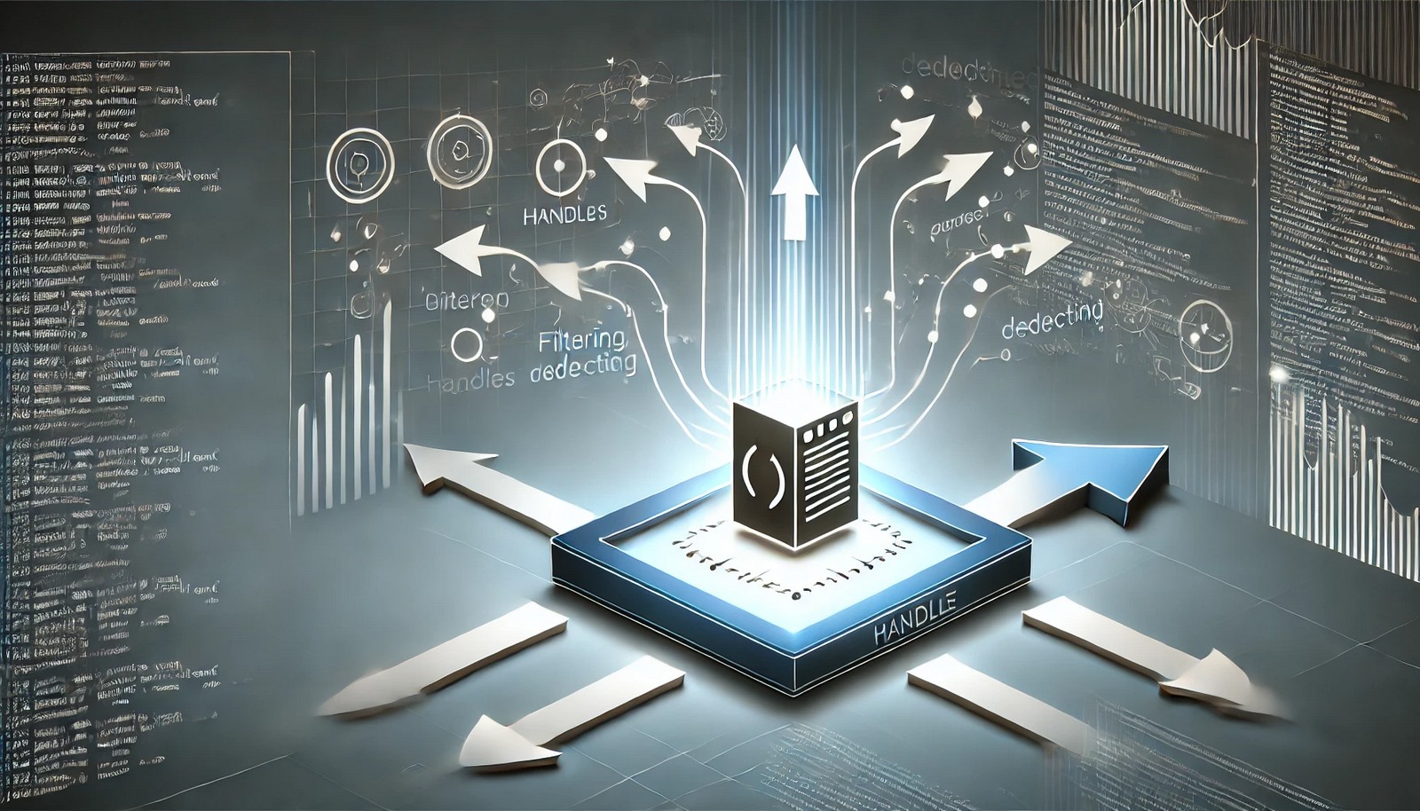 A modern, abstract illustration representing signal handling in an operating system. The image features a process managing incoming signals, depicted as dynamic arrows or pulses, with a futuristic and high-tech aesthetic.