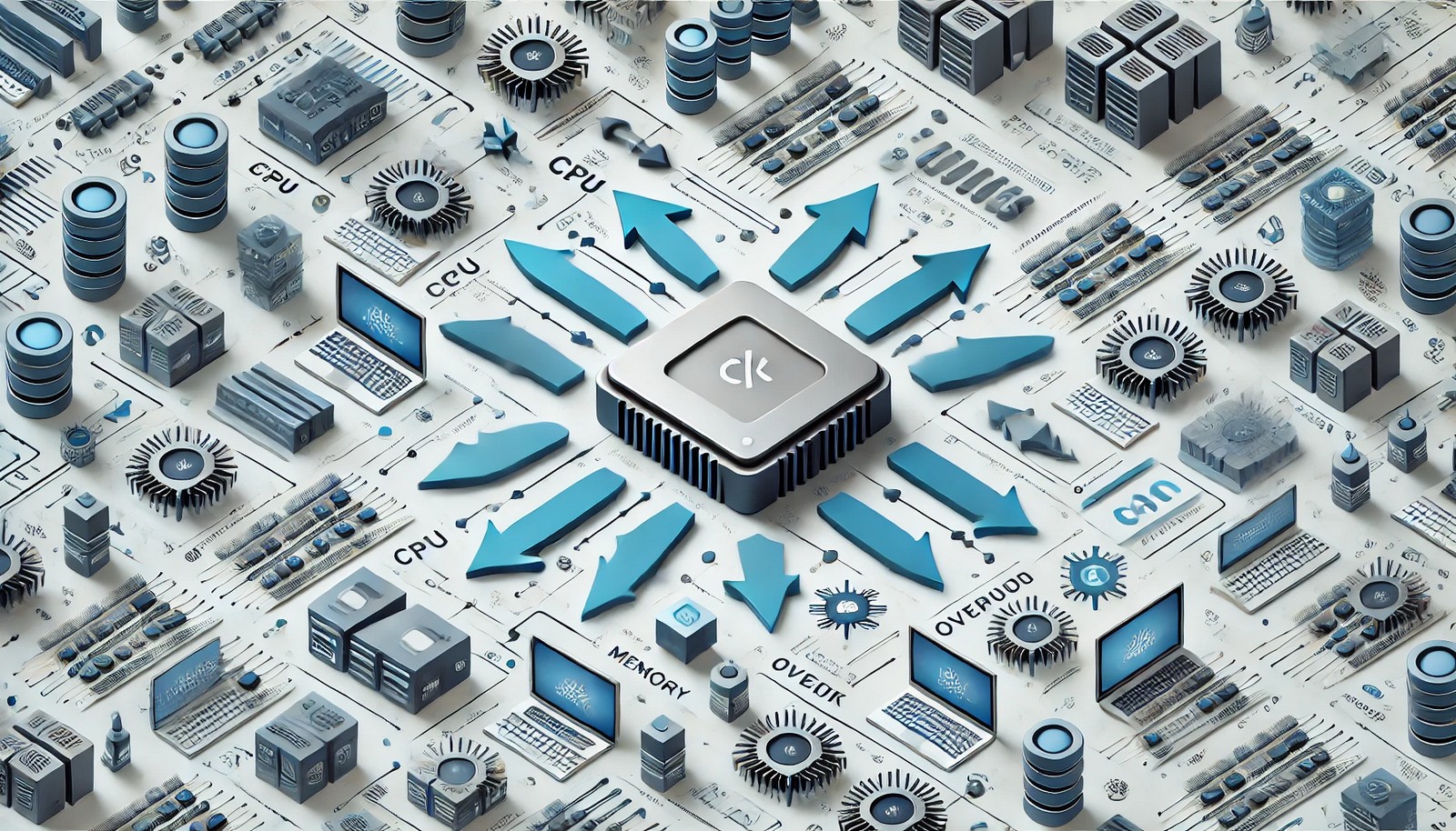 A conceptual illustration showing multiple software processes competing for limited CPU and memory resources. Arrows and icons converge toward a central processor, symbolizing system overload and resource contention. No text included.
