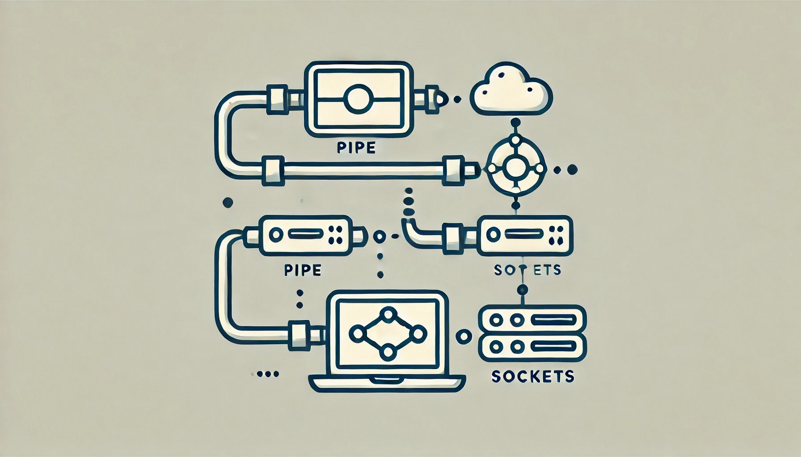 A schematic digital illustration showing two methods of communication in computing: one using a pipe to transfer data between processes on the same system, and another using sockets to exchange data between two computers over a network. The design is minimalistic, avoiding text and emphasizing connectivity.
