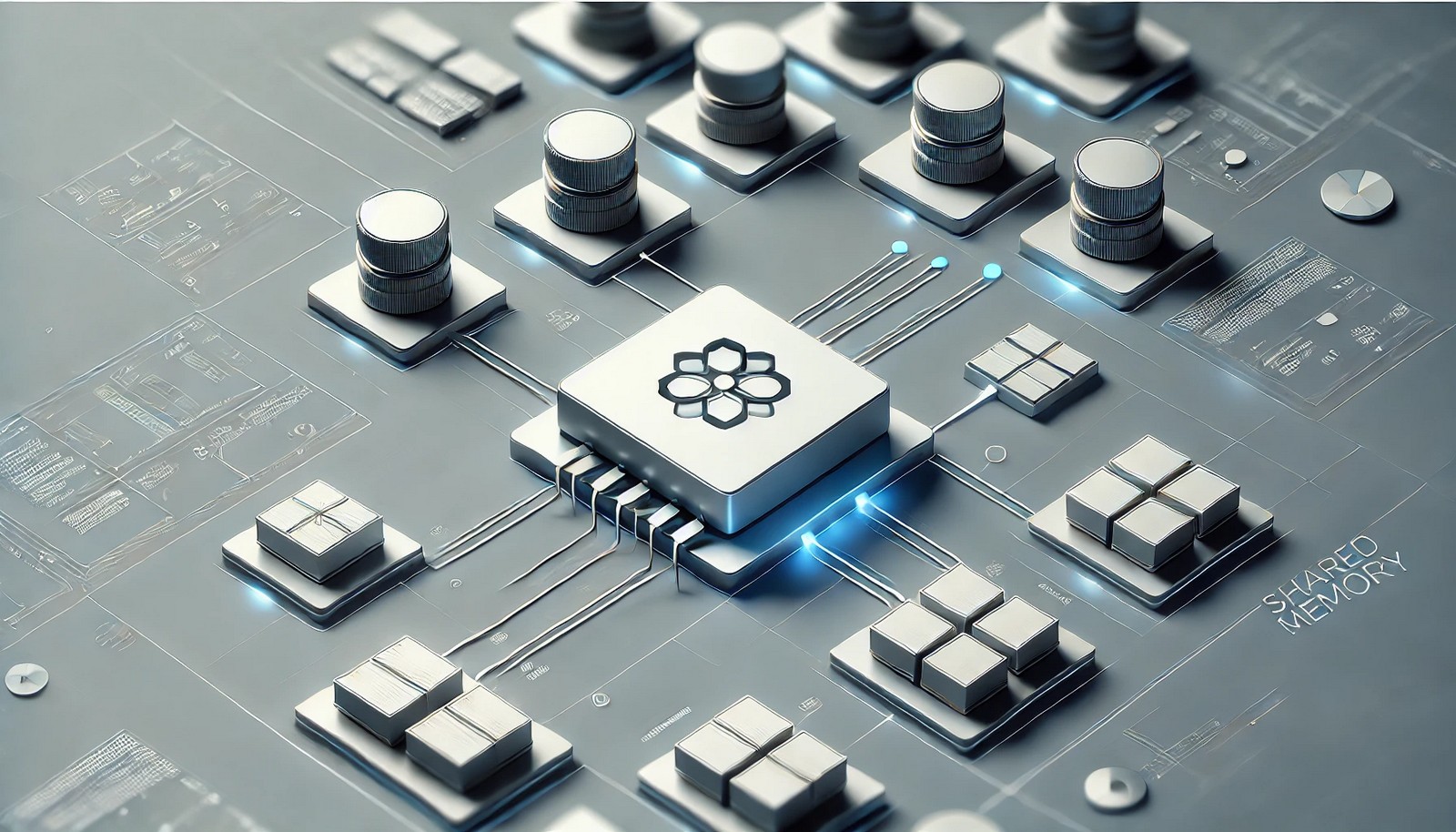 A minimalistic digital illustration of shared memory in computing, showing multiple processes represented as icons accessing and modifying a single memory block simultaneously, symbolizing efficient inter-process communication without delays.