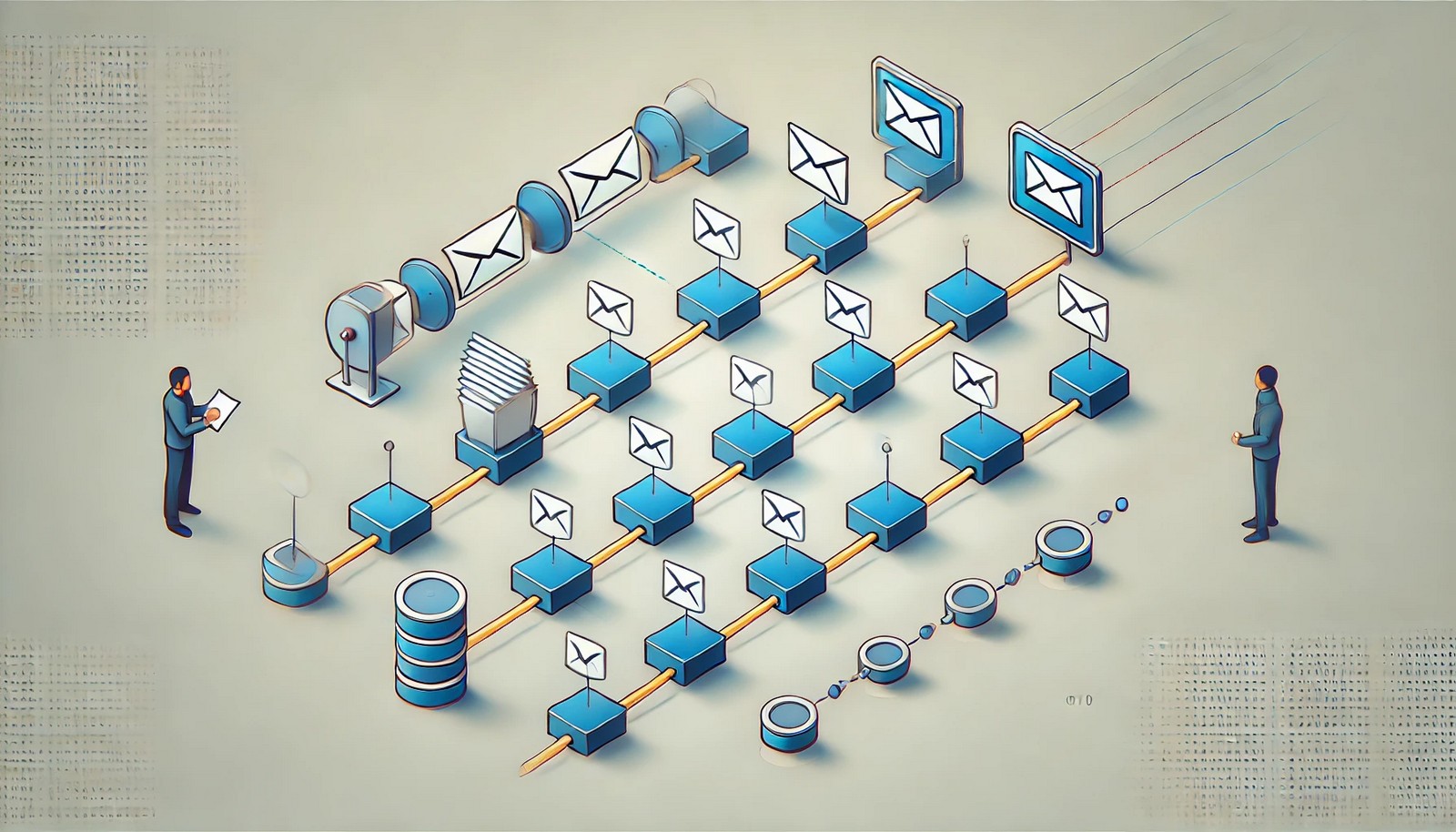 A modern and minimalistic digital illustration of message queues in a distributed system, depicting messages moving asynchronously from a sender component into a queue, with multiple receivers retrieving them.