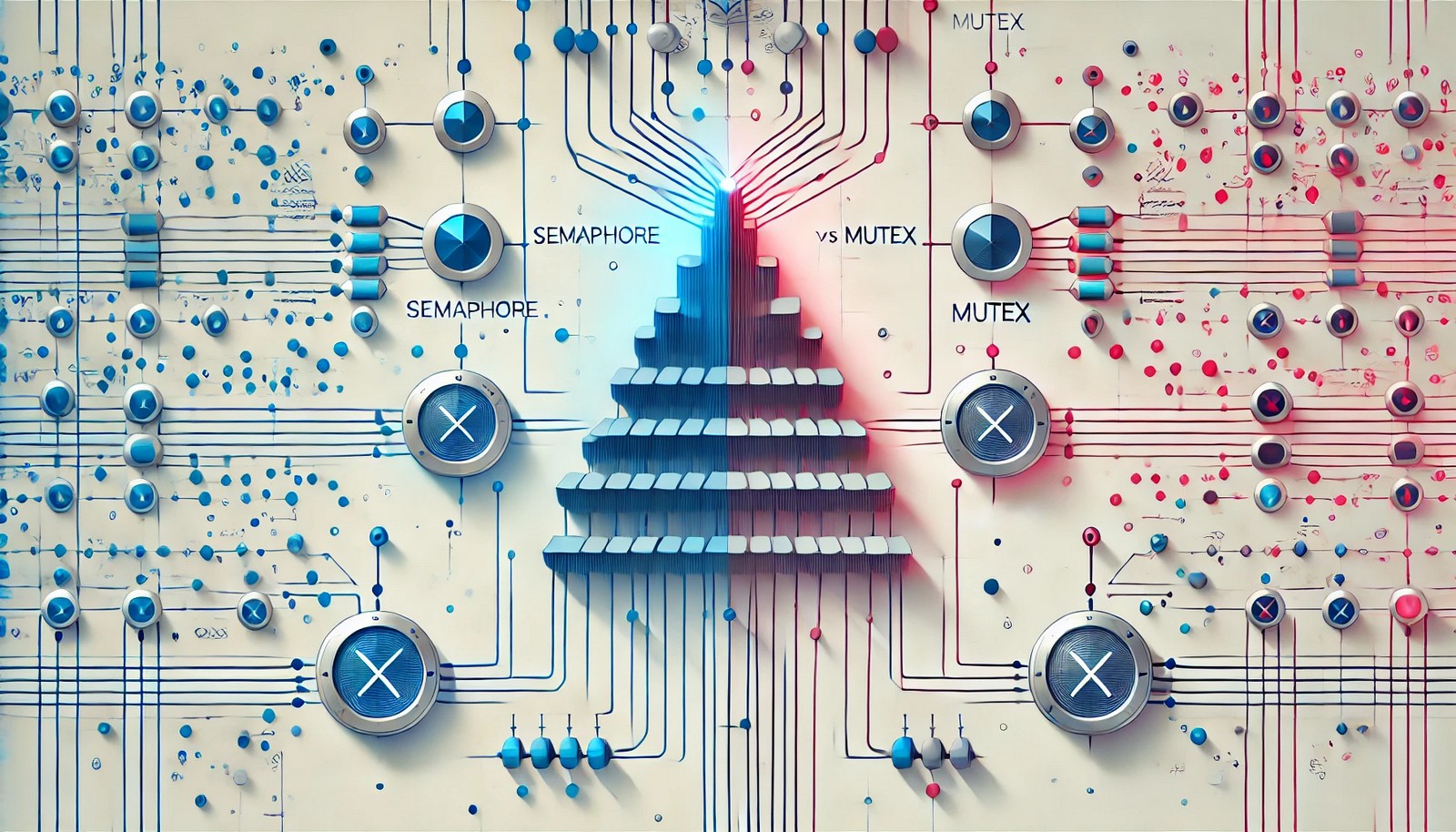 A conceptual digital illustration of Semaphore vs Mutex in computer science. The semaphore is represented with multiple connections allowing concurrent access, while the mutex is shown as a single lock restricting access to one thread at a time.