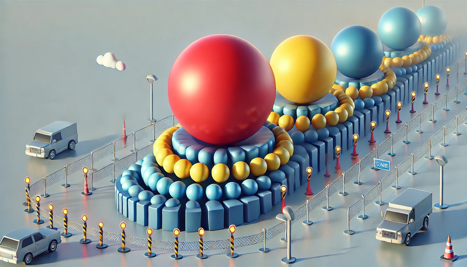 An abstract representation of priority inversion in computing, showing three colored spheres in a queue. A large red sphere (high priority) is blocked behind a smaller yellow sphere (low priority), which is obstructed by a medium-sized blue sphere (medium priority).