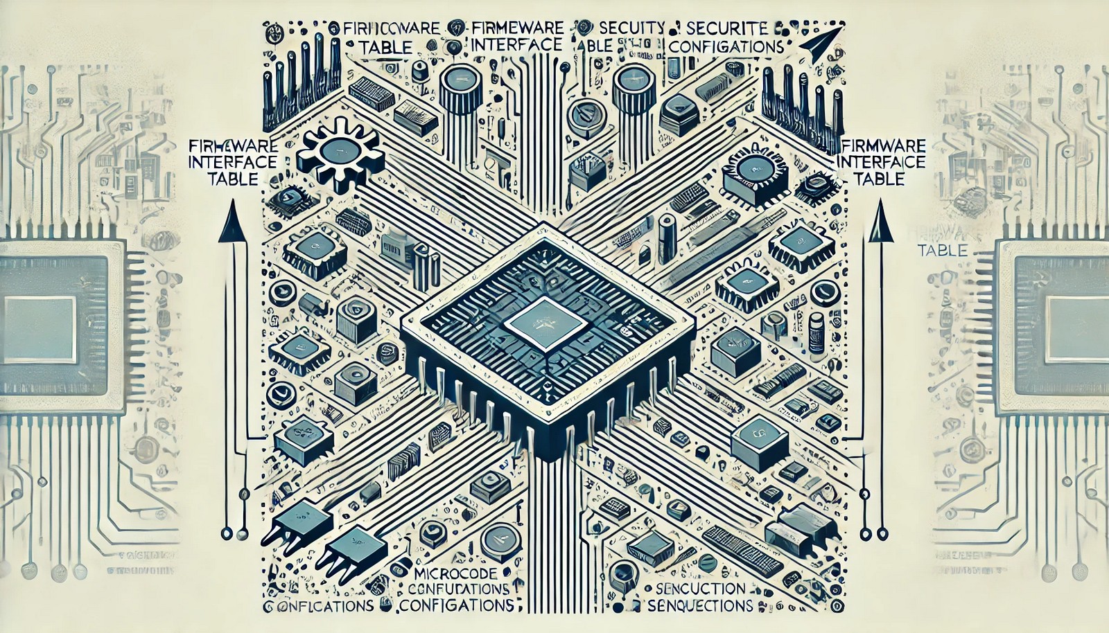 A modern, abstract digital illustration representing a Firmware Interface Table inside a computer system. The image shows structured data connections pointing to firmware components like microcode patches, security configurations, and initialization sequences.