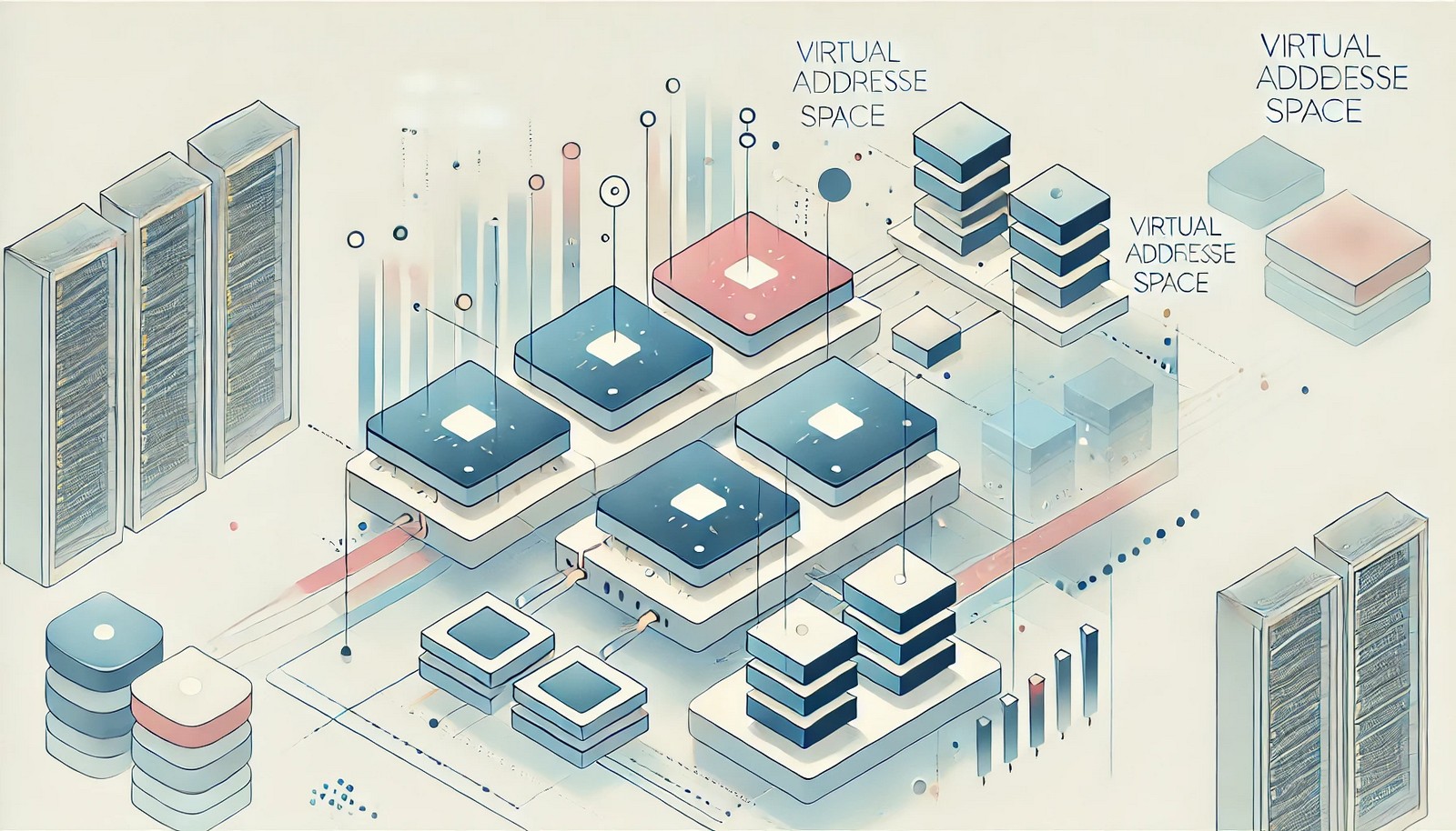 An abstract digital illustration of virtual address space, showing multiple isolated process memory spaces mapped to a shared physical memory. Soft colors and structured memory blocks visually represent memory management without using any text.
