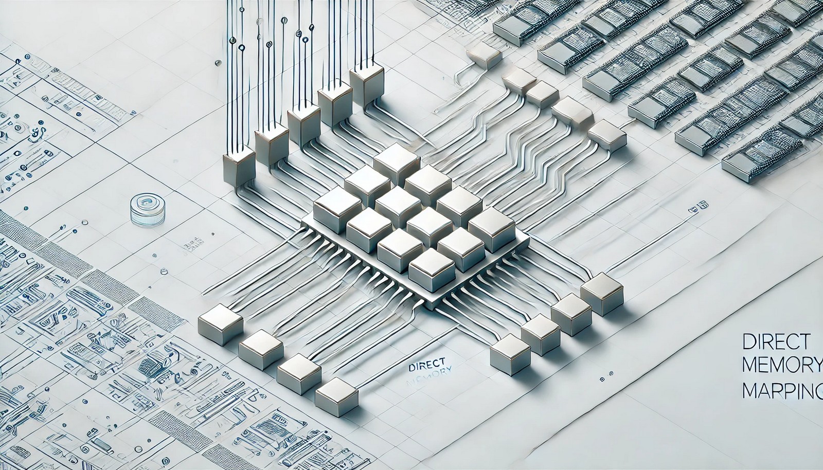 A digital illustration of Direct Memory Mapping, showing how a computer system maps external data directly into memory. The image features memory blocks, data flow, and seamless integration of hardware resources without duplication.