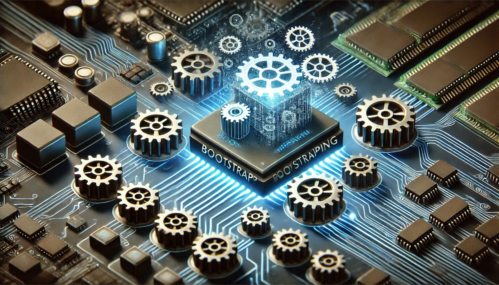 A futuristic digital illustration depicting bootstrapping in computing. A small cog activates larger interconnected gears, representing a system's self-initialization. The glowing blue circuitry and dynamic elements symbolize automation and system startup without external intervention.