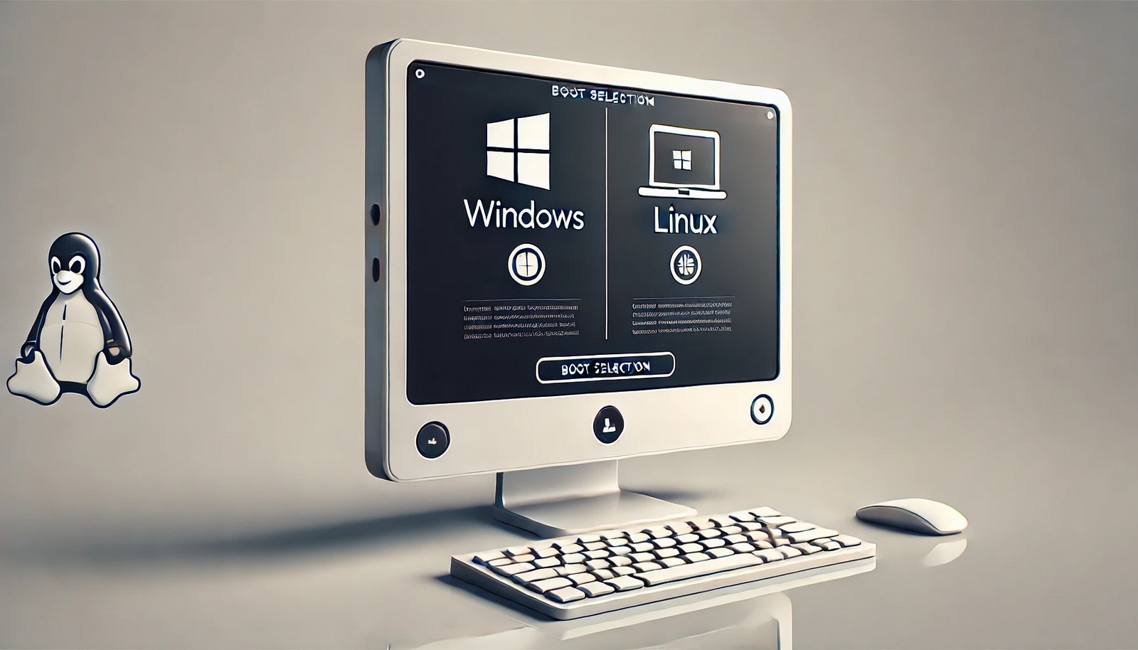 A digital illustration of a dual boot system showing a computer screen with a boot selection menu featuring two operating system icons, one for Windows and one for Linux, in a sleek and modern design.