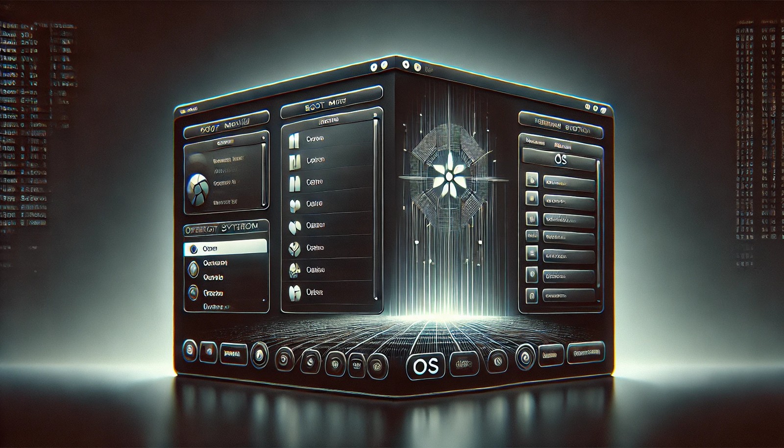 A futuristic digital illustration of a computer startup screen with a boot menu displaying multiple operating system options. The sleek interface features a dark-themed background and a modern UI without any text elements.