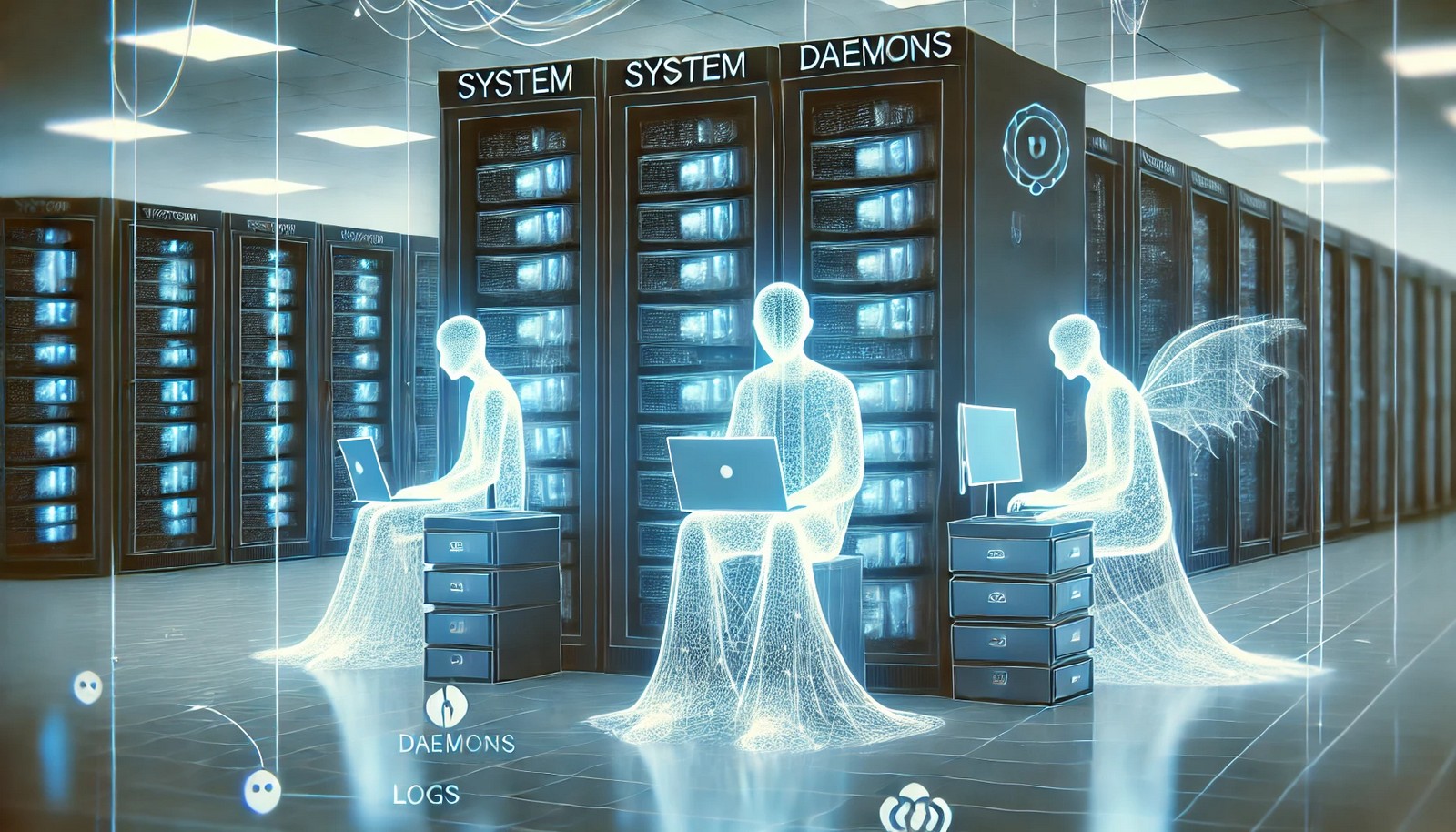 A futuristic server room with glowing lines symbolizing data flow. Ghost-like, semi-transparent entities work in the background, managing network connections, logs, and automated tasks, seamlessly integrated into the environment.