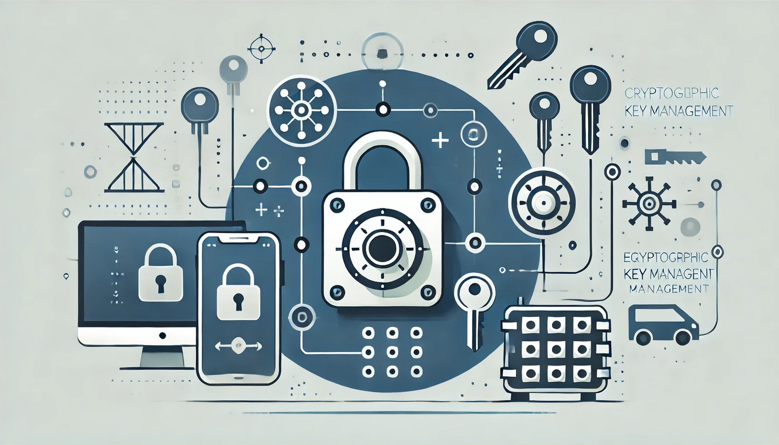 A futuristic digital illustration of cryptographic key management featuring a secure vault, encryption keys, and a digital lock. The image has a modern, tech-inspired color scheme with clean geometric shapes.