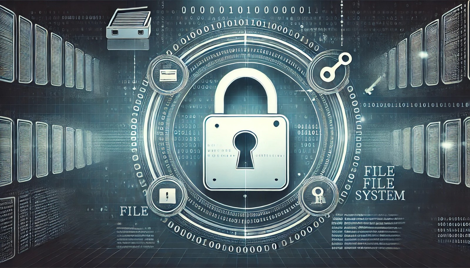 A modern digital illustration of an encrypted file system, featuring a closed padlock over a digital file icon. The background includes subtle binary code and cryptographic keys, symbolizing data security and encryption.