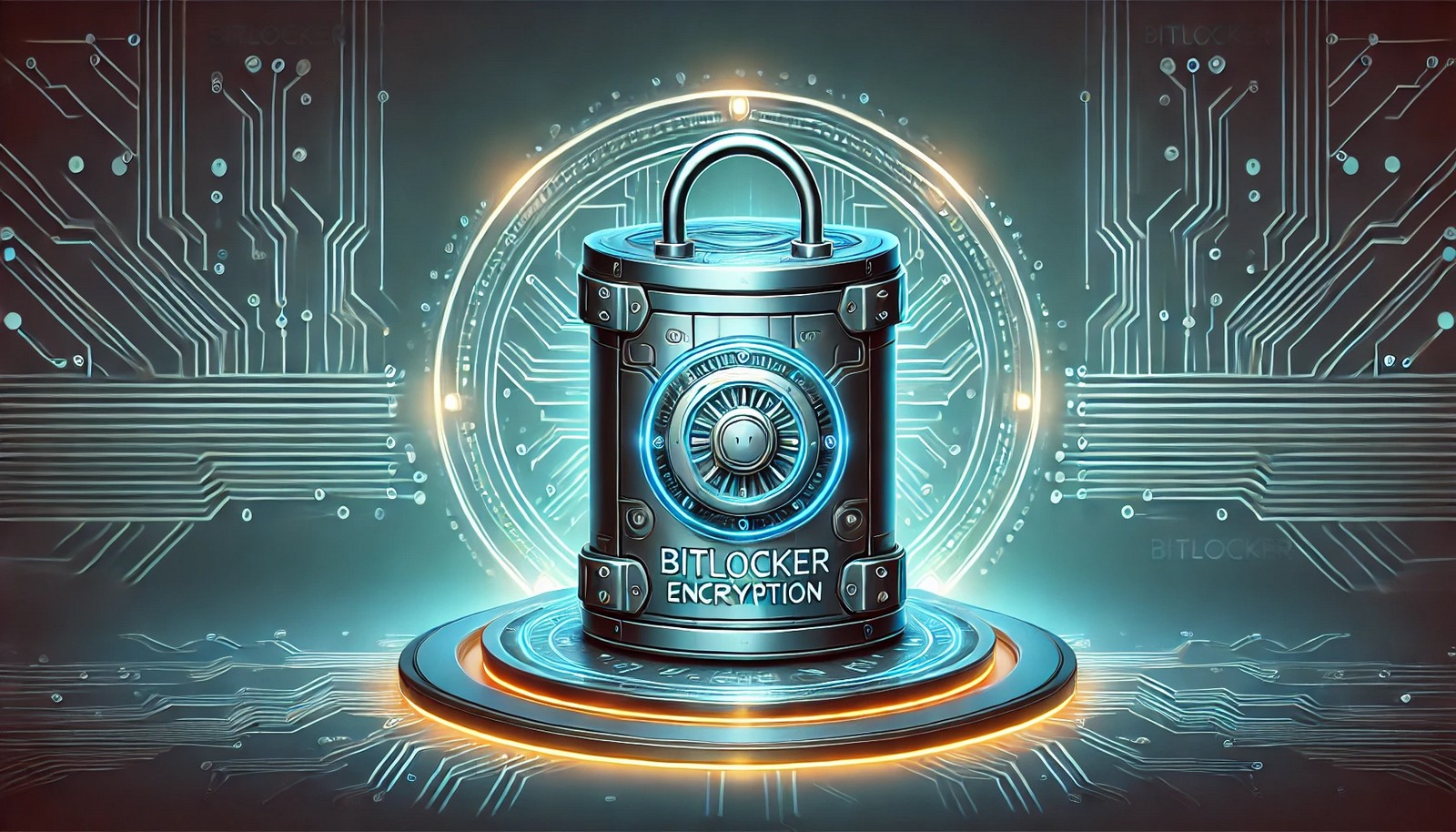 A futuristic digital vault with a closed padlock and a glowing shield, symbolizing BitLocker encryption and cybersecurity. The background features a subtle circuit board pattern, reinforcing the concept of digital security.
