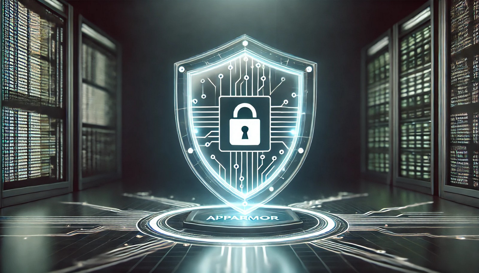 A futuristic digital illustration of AppArmor, a Linux security module, featuring a glowing protective shield surrounding a software application. The shield has a circuit-like pattern, symbolizing cybersecurity and controlled access.