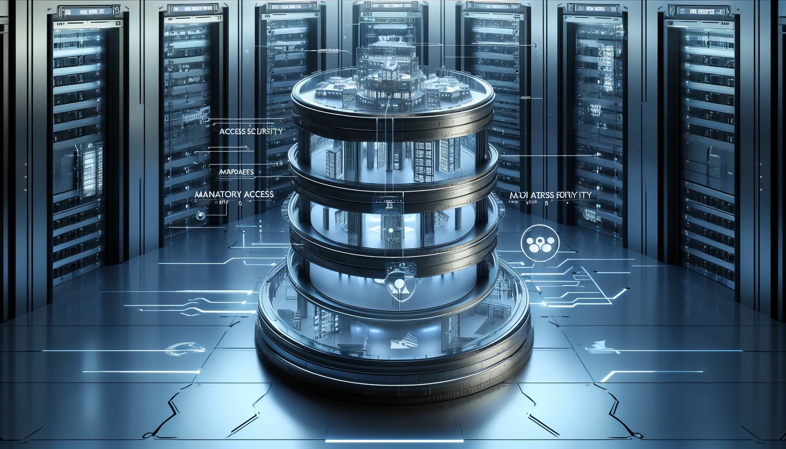A conceptual illustration of Mandatory Access Control (MAC), featuring a multi-tiered security vault with different access levels. Each level restricts access based on security clearance, set in a futuristic high-security facility.