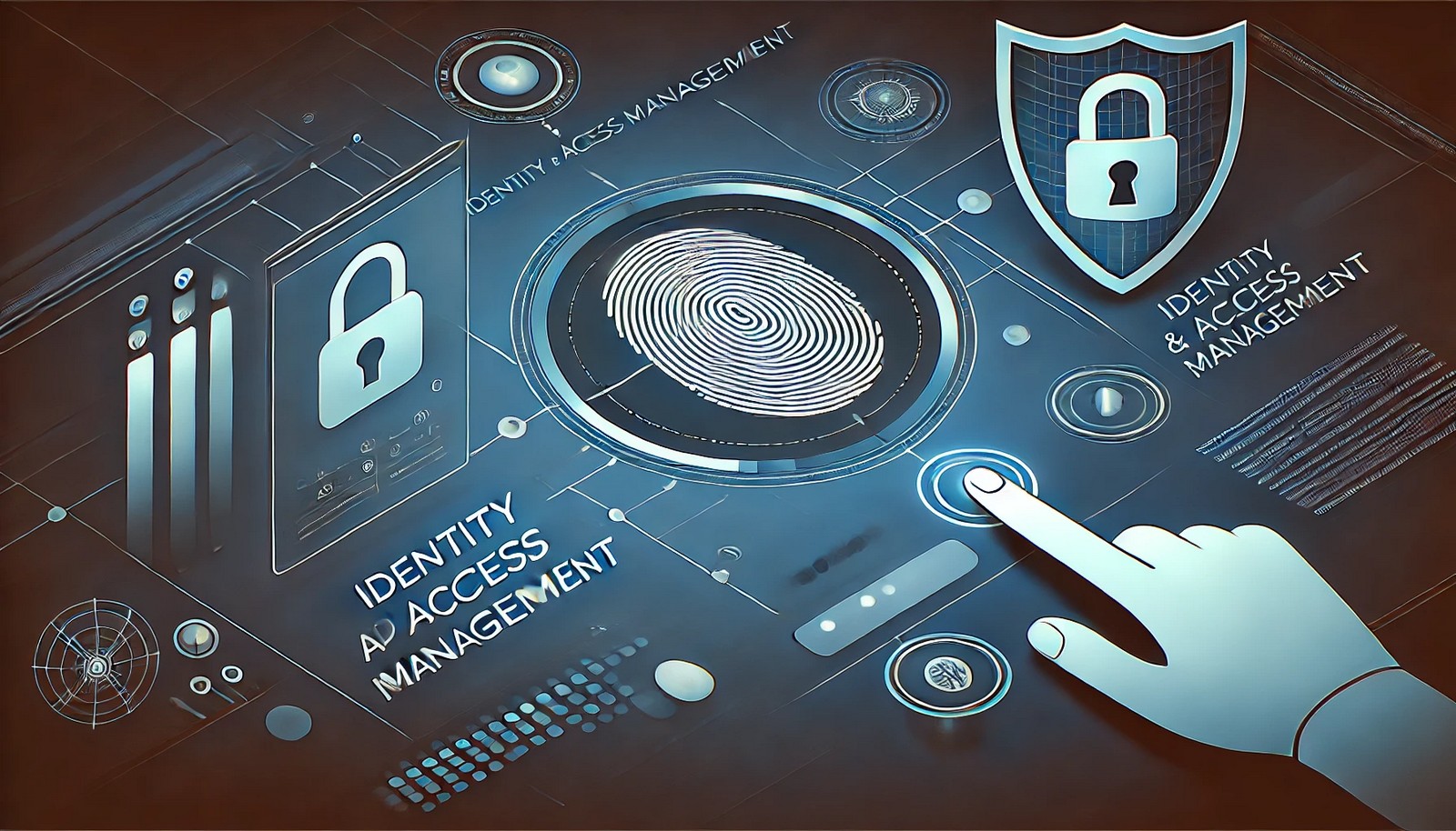 A futuristic digital illustration of Identity and Access Management (IAM) featuring a secure login interface with multi-factor authentication, a fingerprint scanner, and a protective shield, symbolizing cybersecurity and controlled access.