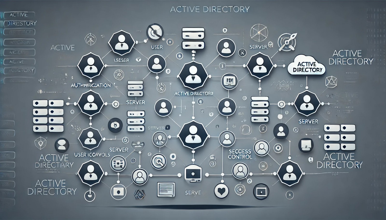 A digital illustration representing Active Directory, showing a structured network hierarchy with interconnected nodes, user icons, server symbols, and security elements, visually depicting authentication, access control, and resource management in IT environments.