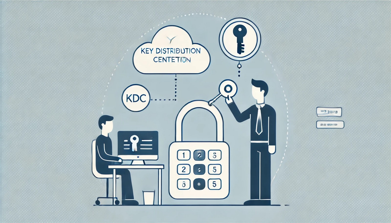A modern, minimalistic depiction of Kerberos authentication, showing a user interacting with a Key Distribution Center (KDC) to obtain a secure access ticket for multiple service authentication.