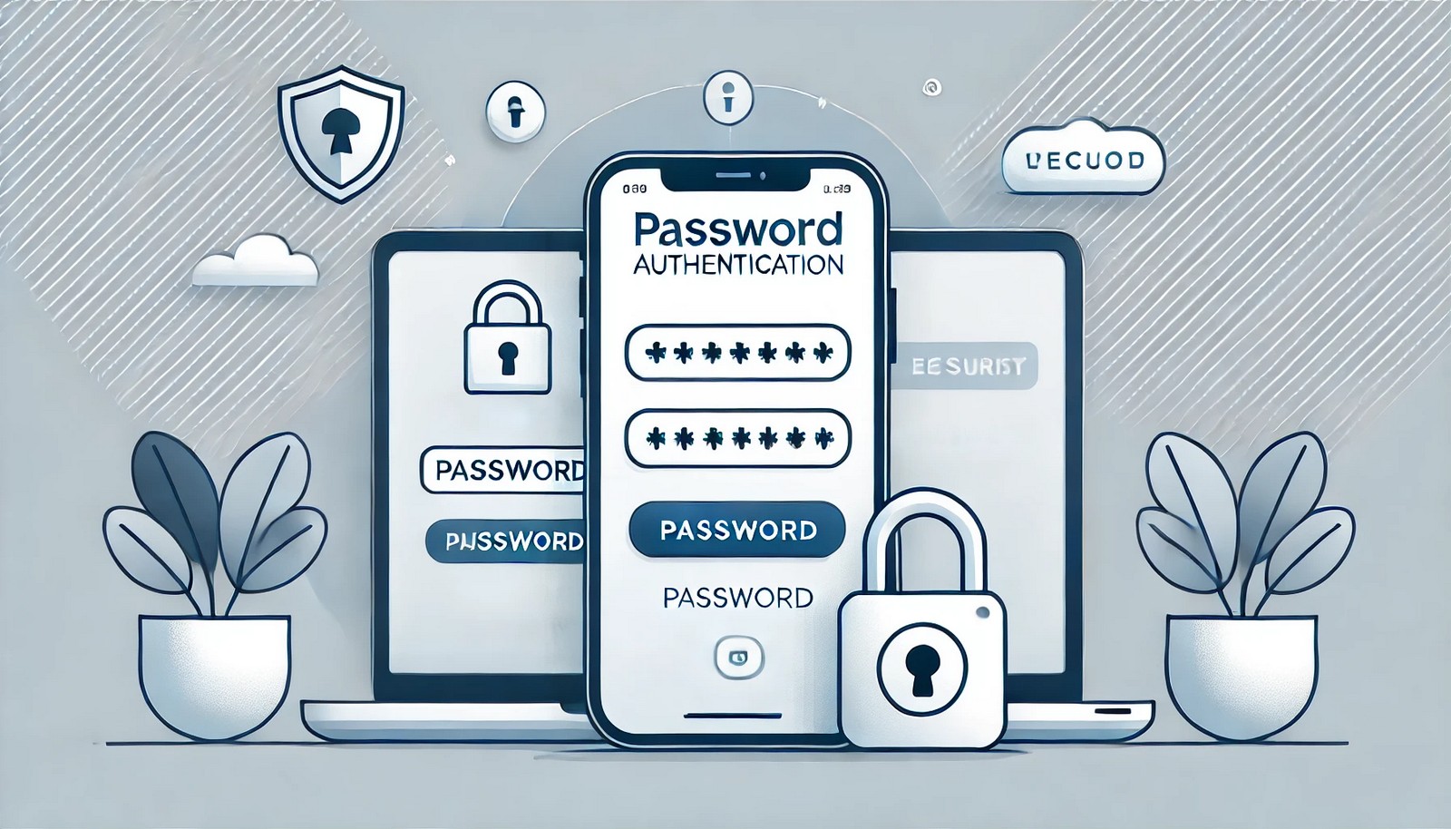 A modern digital illustration of Two-Factor Authentication showing a login screen with a password field and a smartphone displaying a verification code. The design includes security elements like a shield and padlock in a minimalistic style.