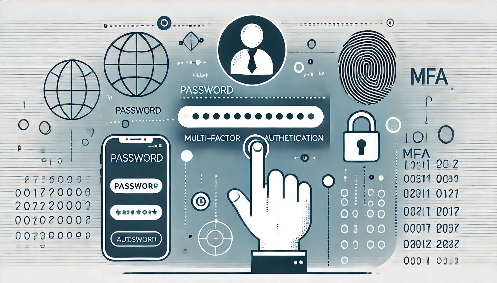 A digital illustration representing Multi-Factor Authentication (MFA), featuring a login process with a password entry, followed by biometric authentication and a mobile verification code. The design uses modern flat-style security icons.