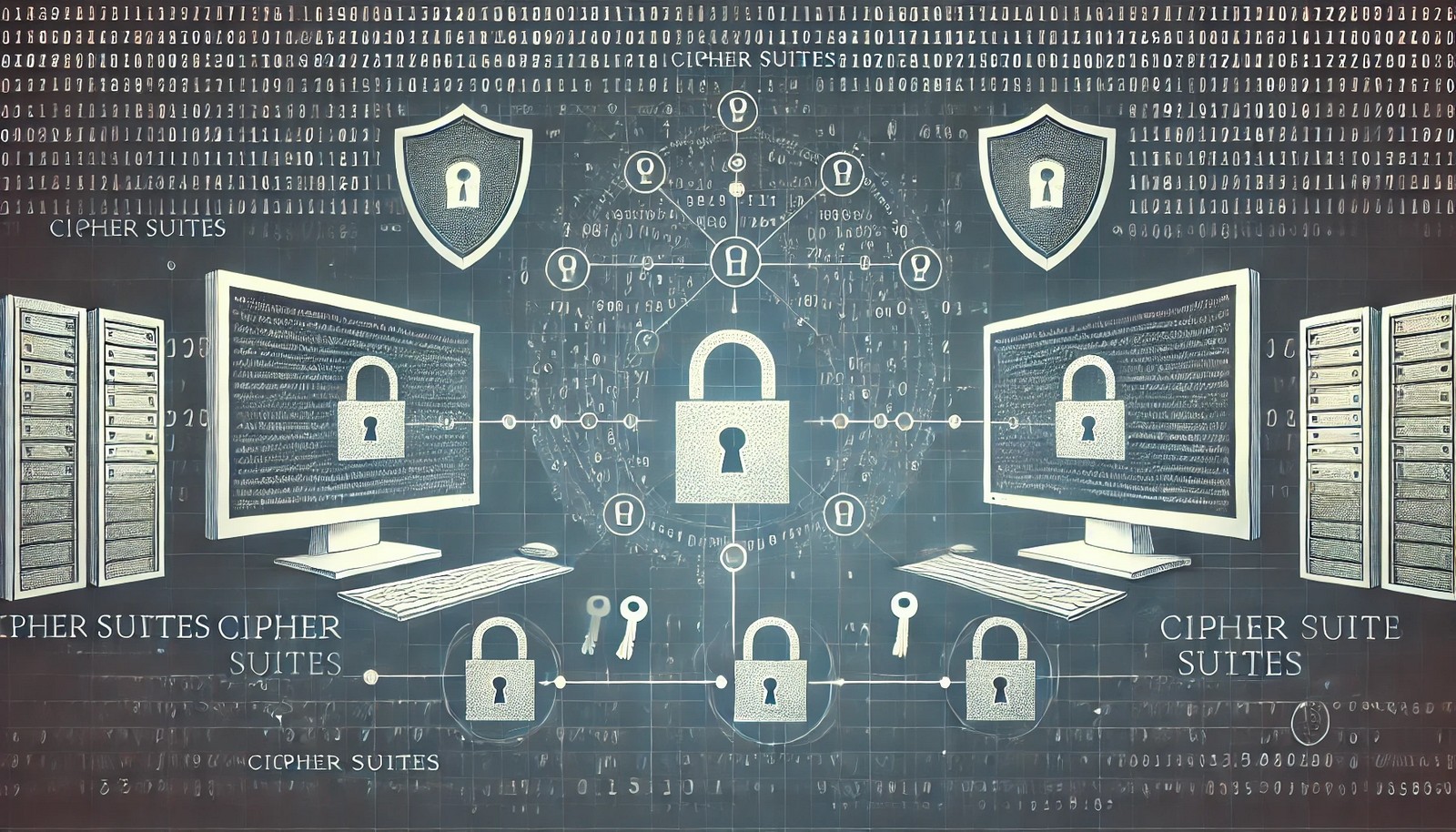 A digital illustration of Cipher Suites, featuring two computers exchanging encrypted data. Lock symbols and cryptographic keys float between them, with a shield and abstract number matrix in the background representing security.