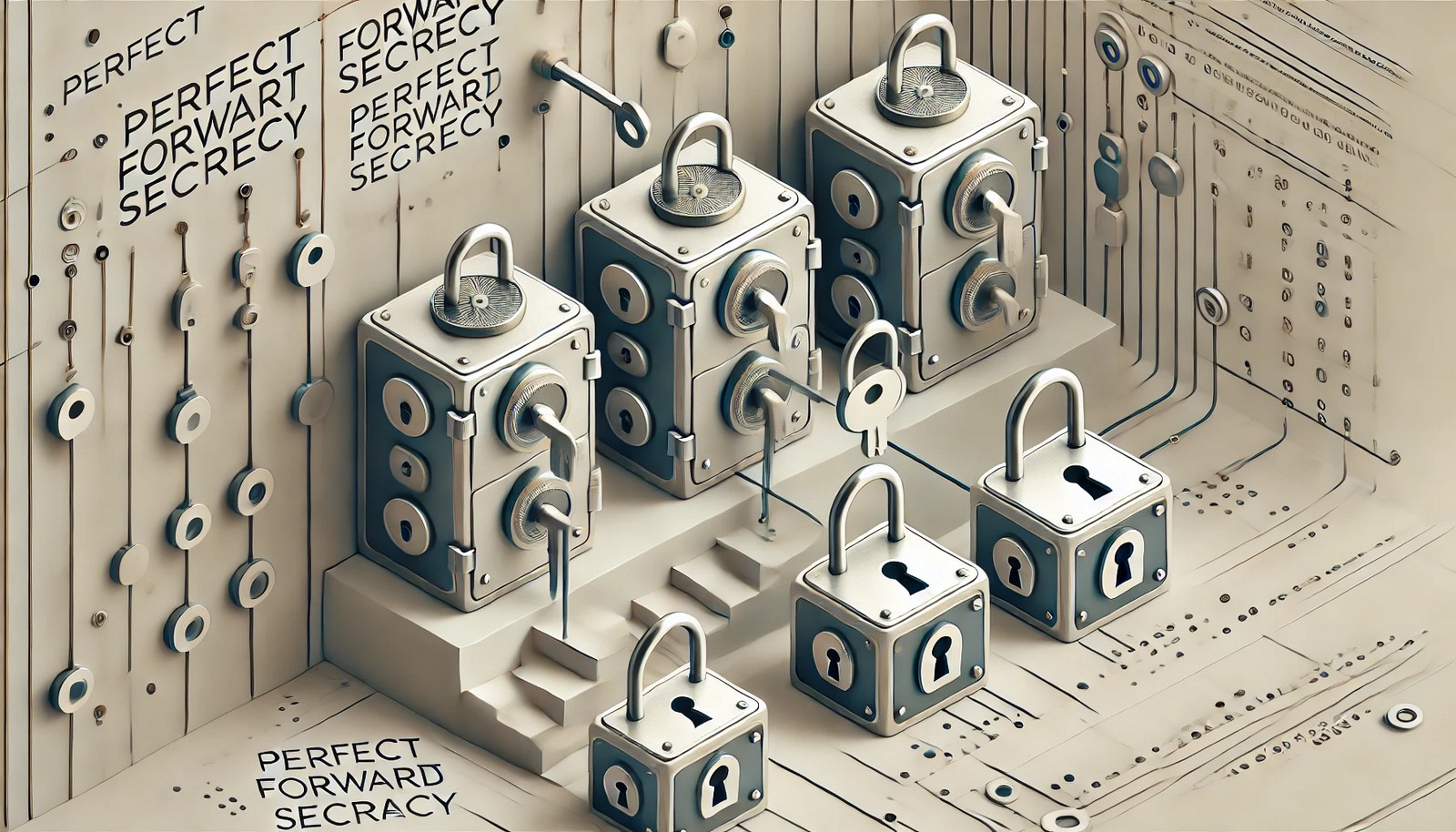A digital illustration symbolizing Perfect Forward Secrecy with a series of locked vaults, each disappearing after unlocking. The design is minimalist, representing encryption, secure communication, and cryptographic security concepts.