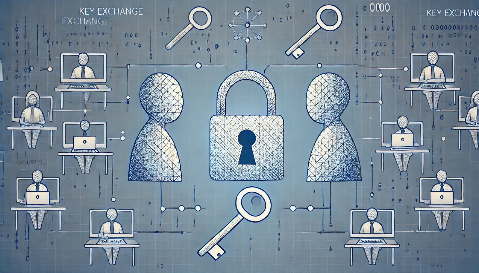 An abstract digital illustration of two entities securely exchanging a cryptographic key over an insecure network. The key and lock symbols float between them, representing encryption, with digital lines suggesting a networked environment.