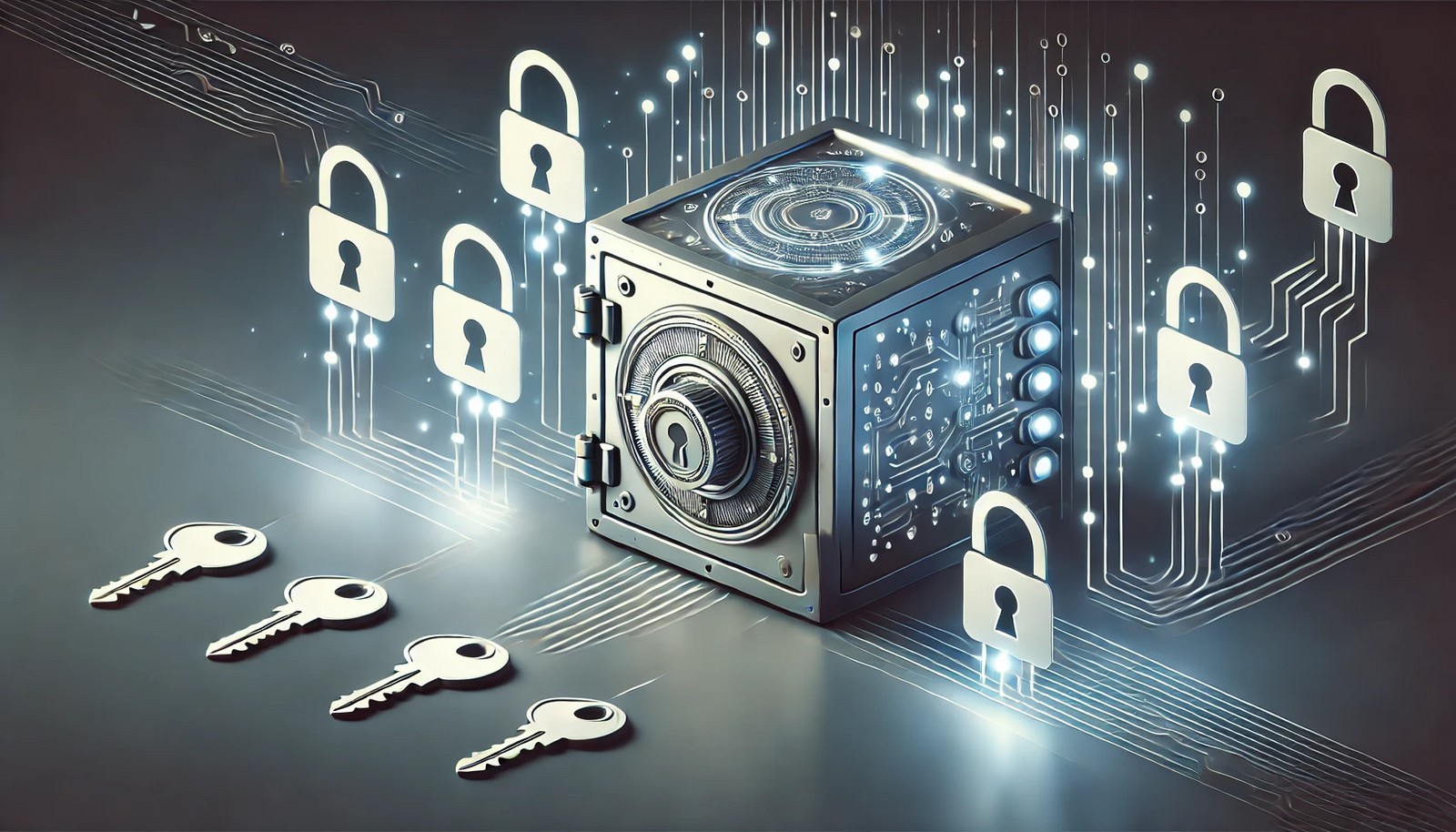 A futuristic vault with glowing encryption keys floating around, representing secure data storage. A digital circuit runs in the background, symbolizing cybersecurity. The design is sleek, minimalistic, and modern, with no text.