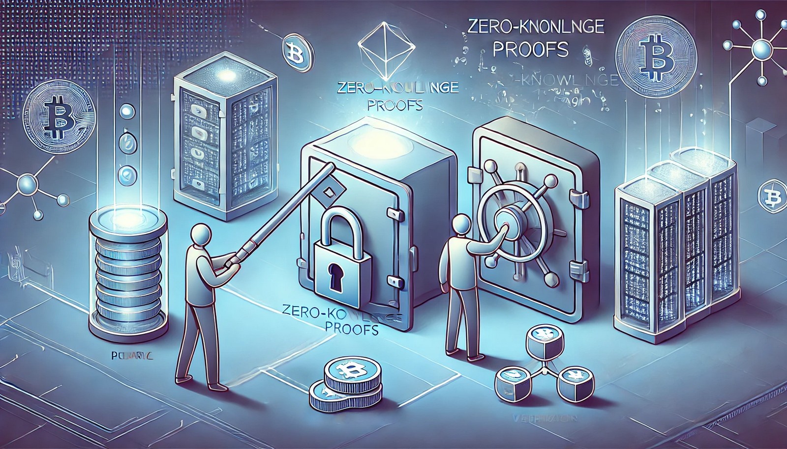 ALT text: A futuristic digital illustration symbolizing zero-knowledge proofs, featuring a secure vault and cryptographic key. A prover figure demonstrates knowledge to a verifier without revealing details, with blockchain nodes highlighting decentralized security.