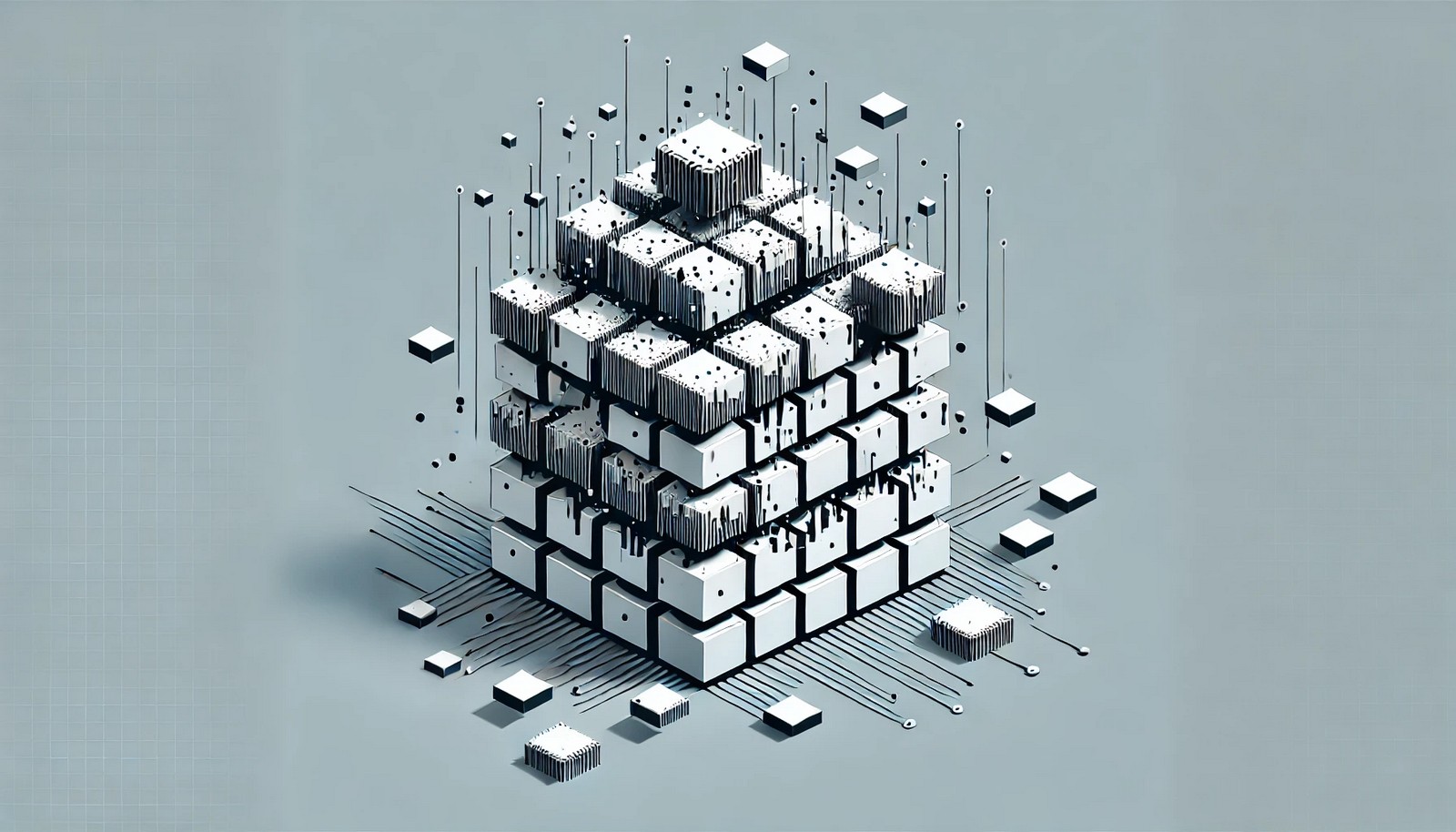 A digital illustration of a buffer overflow exploit, showing excess data spilling beyond memory buffers into adjacent spaces, visually representing software vulnerabilities. The design emphasizes memory corruption without using text.