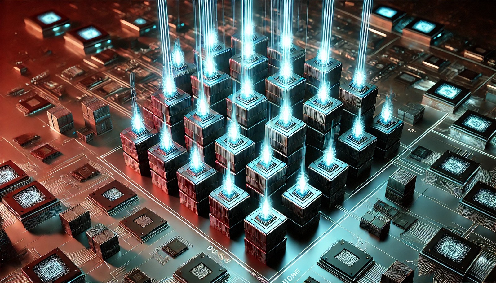 A futuristic digital illustration representing a heap spray attack, showing structured memory blocks filled with identical payloads. The scene has a cyber-themed aesthetic with glowing digital elements symbolizing the attack process.