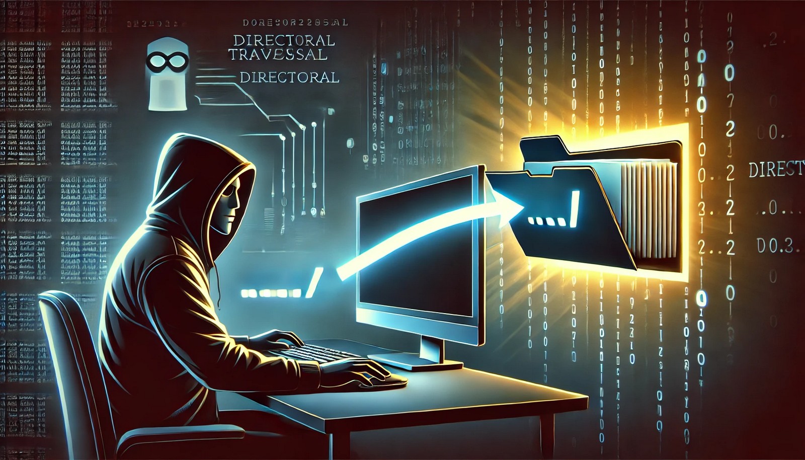 A digital illustration of a hacker using a computer, with a glowing file path extending beyond a restricted folder, symbolizing unauthorized access. The image has dark tones with neon highlights, representing cybersecurity threats.