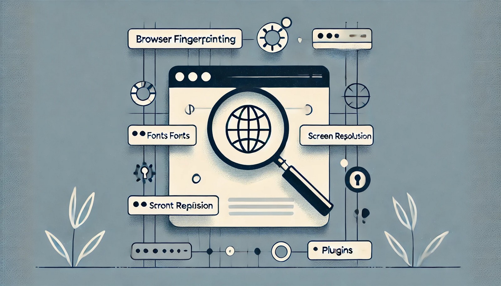 A minimalistic digital illustration of a browser window with a magnifying glass inspecting elements like screen resolution, plugins, and fonts, symbolizing user tracking and browser fingerprinting. The image emphasizes online privacy concerns.