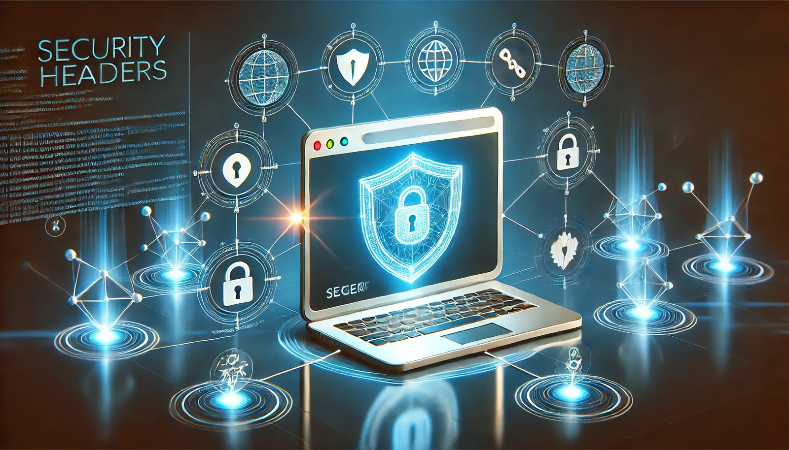 A futuristic digital illustration of a web browser protected by a glowing shield, symbolizing security headers. Surrounding the browser are security icons like a lock, firewall, and encryption symbols, emphasizing secure communication.