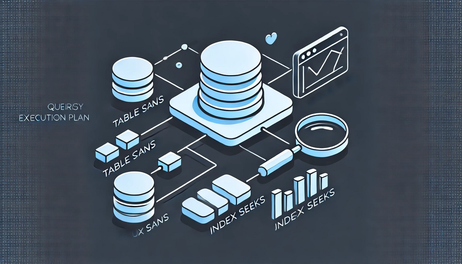 An abstract digital illustration of a Query Execution Plan, featuring a structured flowchart-like design with smooth lines and minimal colors, visually representing SQL query processing steps, table scans, index seeks, and query optimization paths.