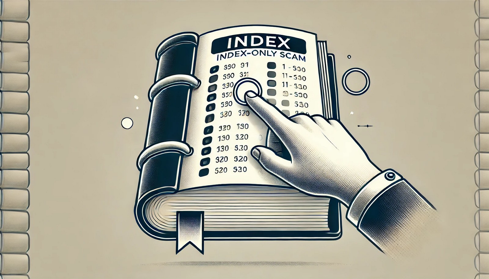 A conceptual illustration of an Index-Only Scan in databases, showing a hand pointing directly to an entry in a book's index without flipping pages, symbolizing efficient data retrieval and optimization.