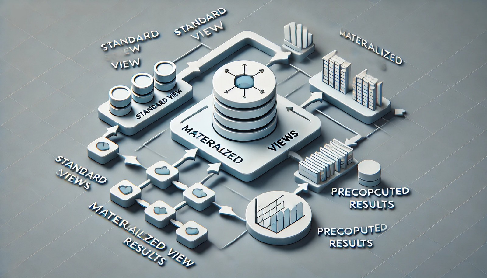 A conceptual illustration of materialized views in a database, visually distinguishing between standard views (real-time queries) and materialized views (precomputed results) using a flowchart-style design with arrows and database structures.