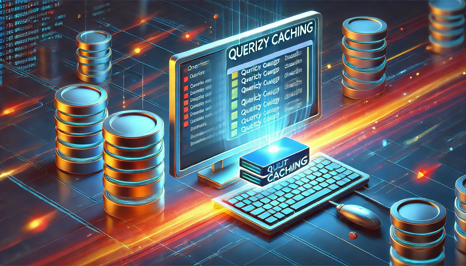 A digital illustration representing query caching, showing a computer retrieving identical database query results from memory storage. The futuristic, minimalistic design highlights speed and efficiency in data processing without any text elements.