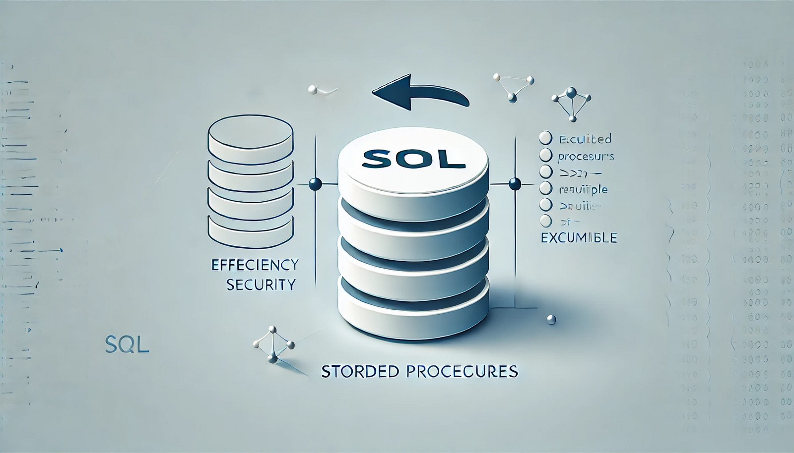 A modern digital illustration depicting a structured database with an arrow directing to a reusable script executing multiple queries, symbolizing stored procedures in SQL. The design conveys efficiency, security, and optimization.