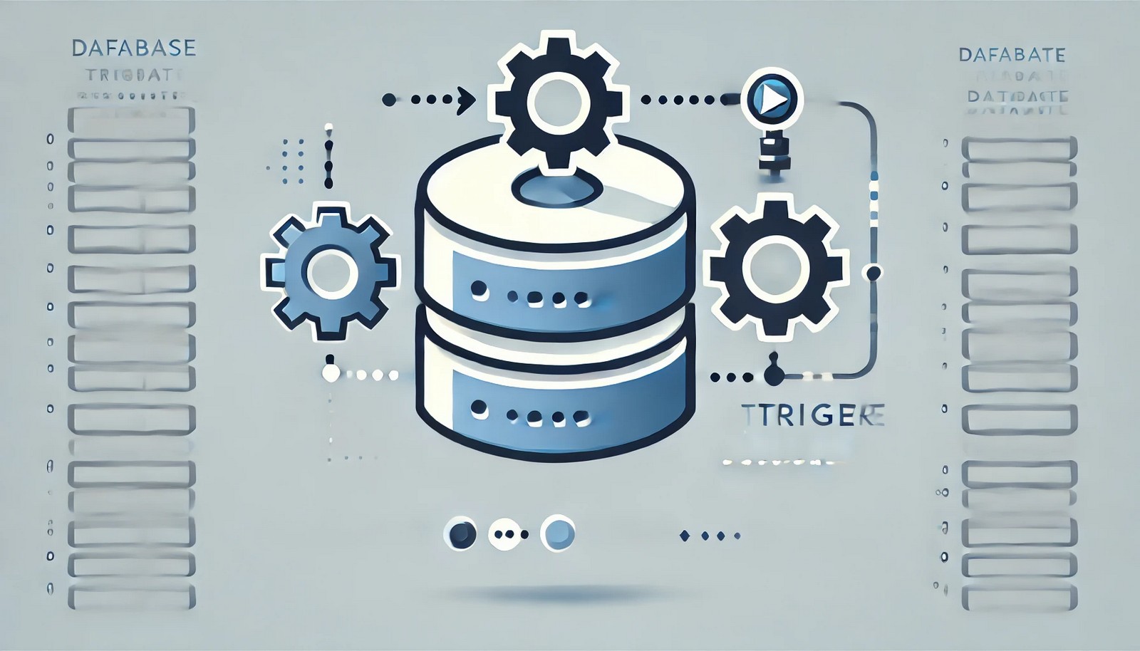A digital illustration of a database trigger concept, showing a stylized database icon with an automated gear mechanism activating upon a data entry event. The gear symbolizes the trigger executing an automated process.