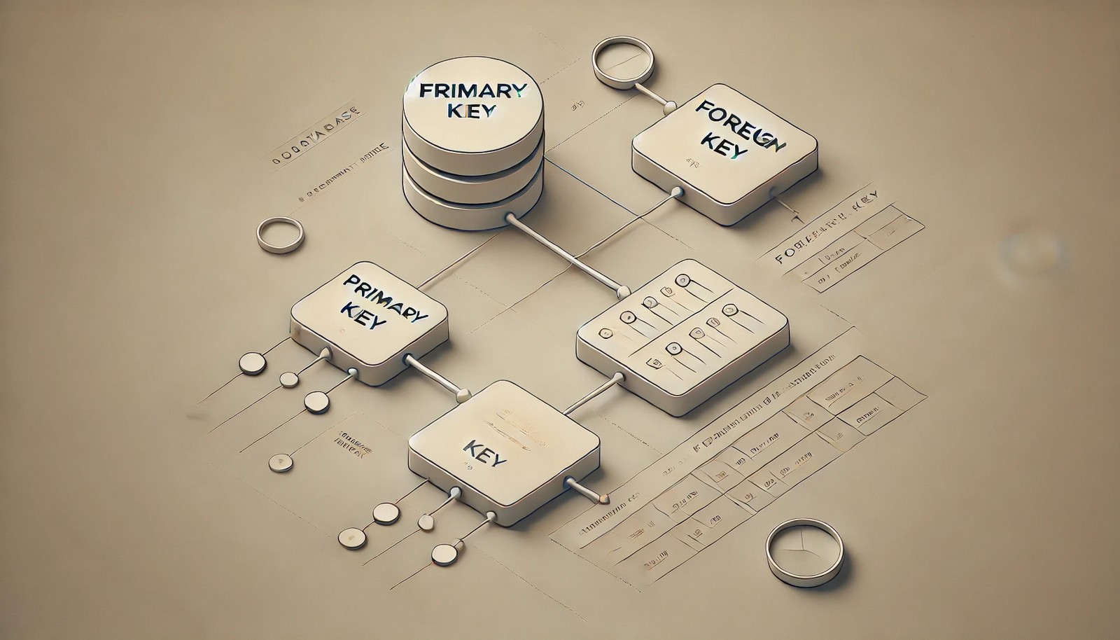 A conceptual illustration of a foreign key relationship in a relational database. Two tables are visually connected by a line linking a primary key in one table to a foreign key in another. The design is minimalistic and structured.