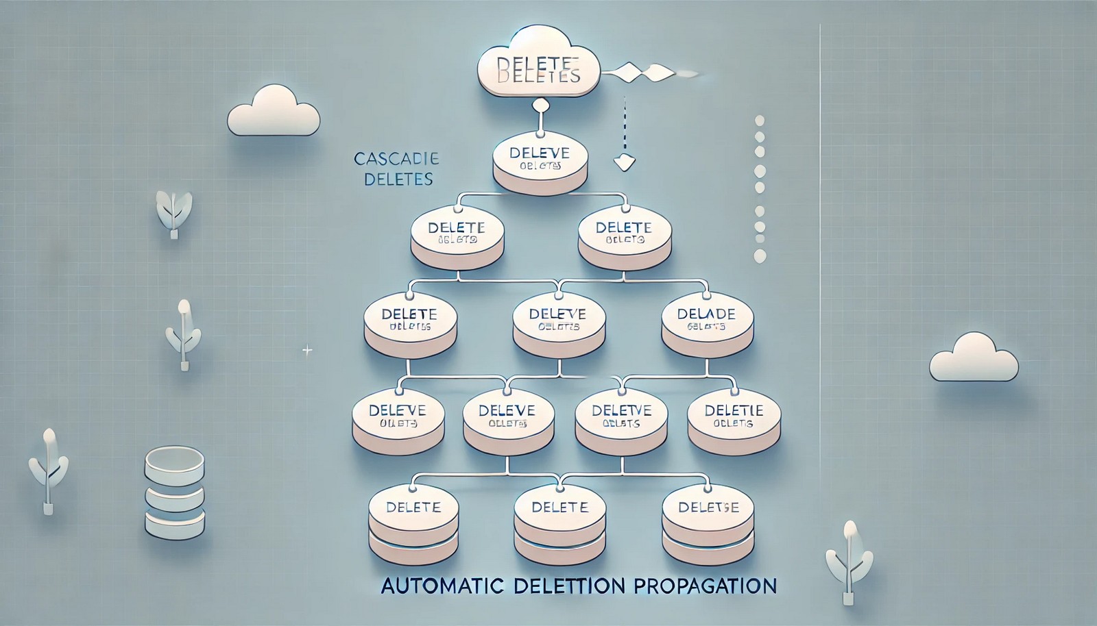 A minimalistic digital illustration of cascading deletes in a database, showing a hierarchical structure where deleting the topmost element triggers automatic removal of dependent elements below. The design features a clean, flowchart-like layout with soft colors and a modern, flat aesthetic.