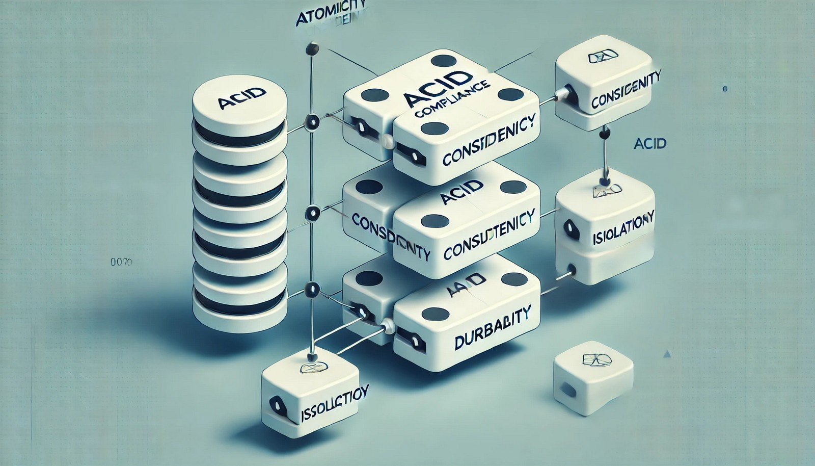 A minimalistic digital illustration depicting ACID compliance in databases. It features interconnected blocks symbolizing Atomicity, Consistency, Isolation, and Durability, visually representing a secure and structured transaction process without text.