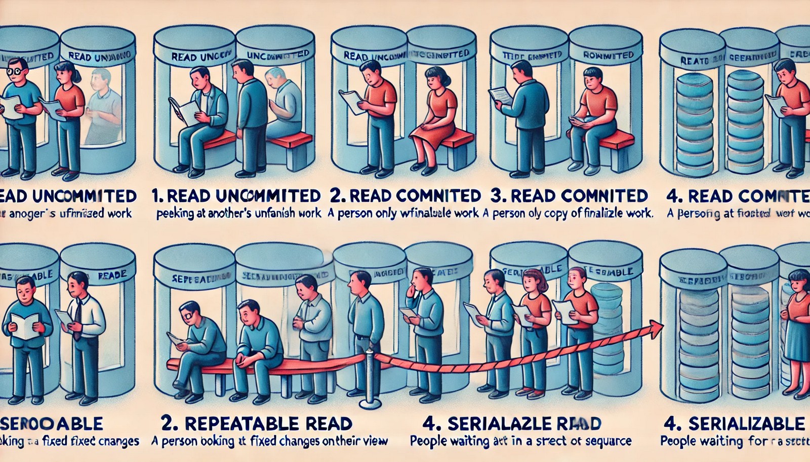  A conceptual illustration showing four different transaction isolation levels in databases using real-world metaphors. It depicts individuals interacting with work processes, simulating various levels of access, visibility, and sequential execution in a controlled environment.