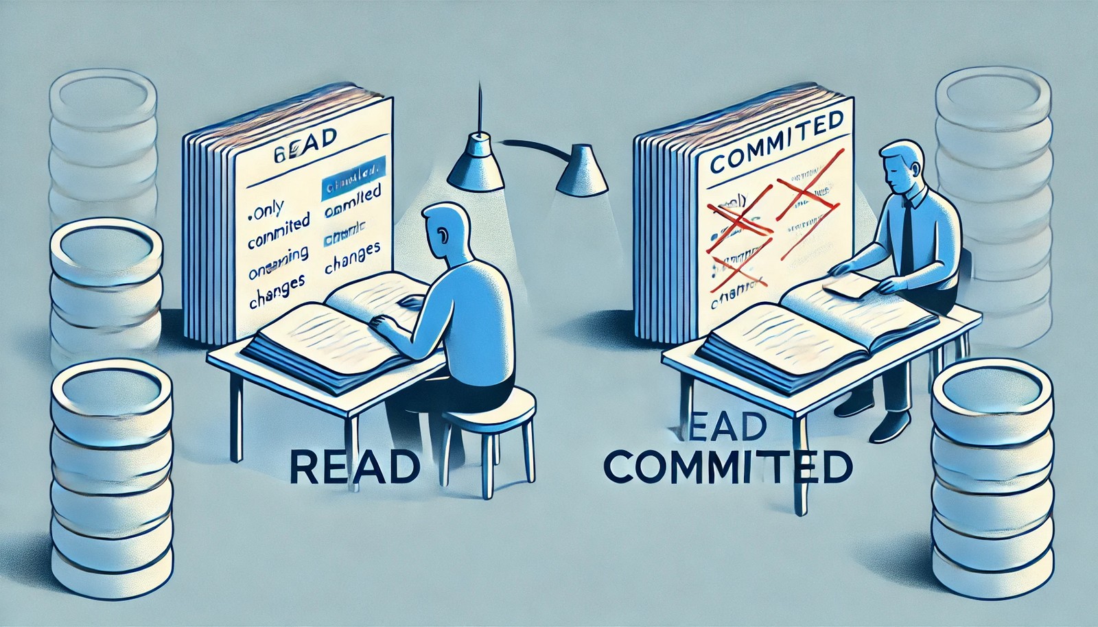 A conceptual illustration of 'Read Committed' in database transactions, showing one person reading a finalized document while another writes on a separate copy, representing committed and uncommitted data visibility.