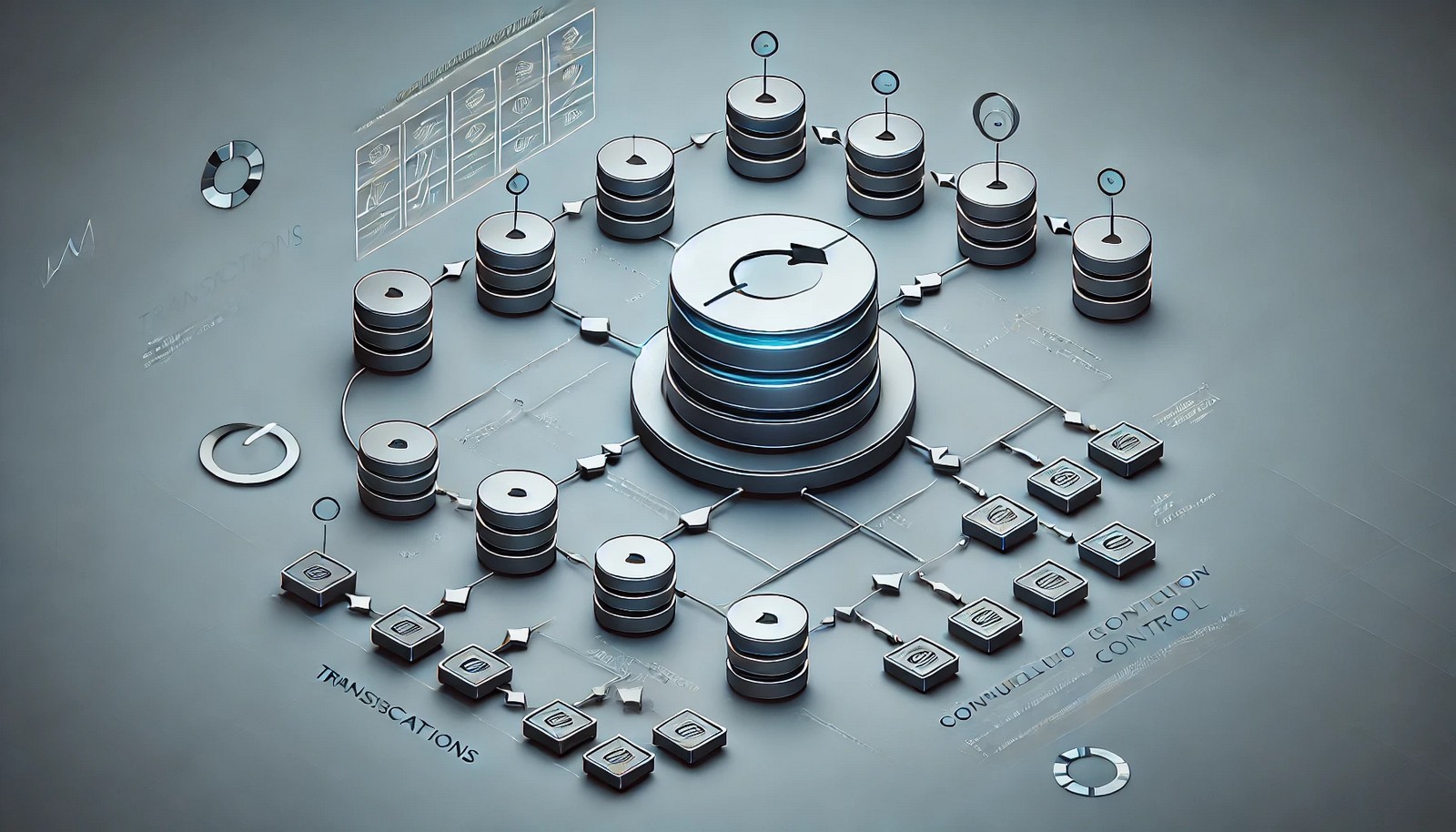 A modern digital illustration of serializable transactions in a database system, showing multiple transactions accessing shared data while a controlled sequence ensures data consistency. The visual includes a database icon, transaction arrows, and concurrency control elements.