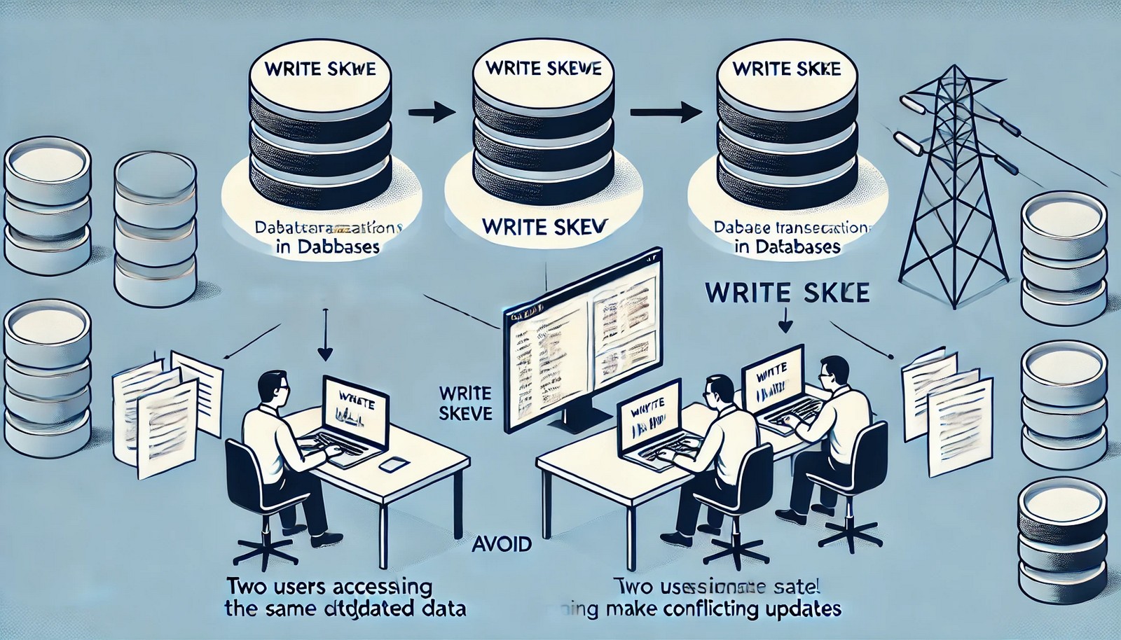 Two users interact with a shared database, each making changes based on outdated data. Their transactions occur simultaneously, leading to conflicting updates and an inconsistency in the stored database records.